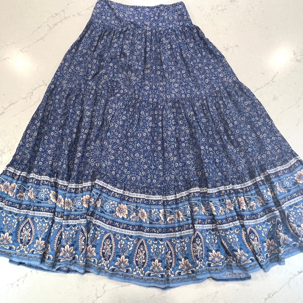 Natural Life Tiered Peasant Boho Skirt Womens L Blue Floral Rayon Maxi Smocked